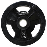 Champion 25 lb black rubber weight plate for Olympic barbells, featuring a durable design for weightlifting exercises.